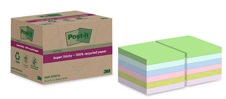 Viestilappu Post-it Super Sticky Eco 76x76mm värilaj 12 kpl