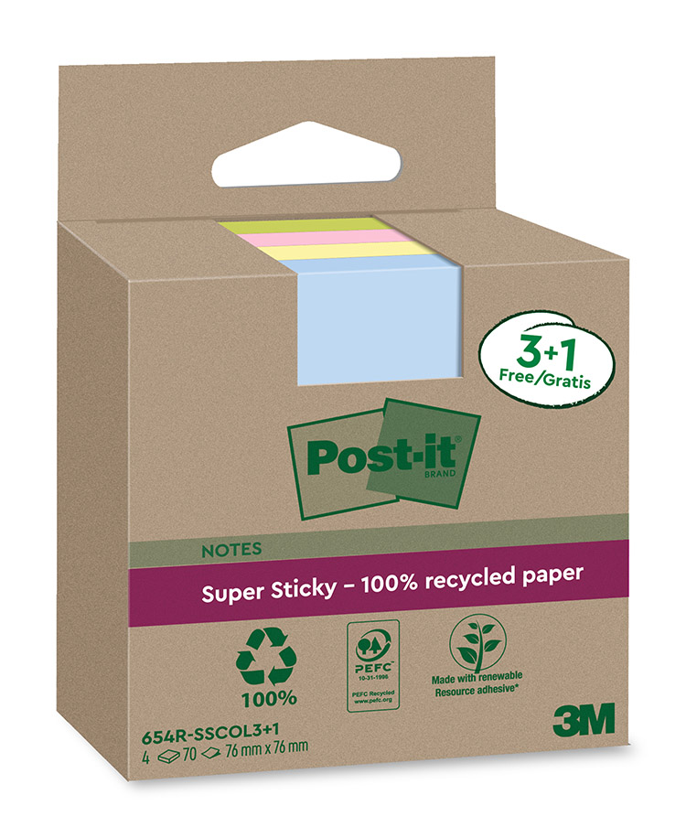 Viestilappu Post-it Super Sticky Eco 76x76mm värilaj 4 kpl