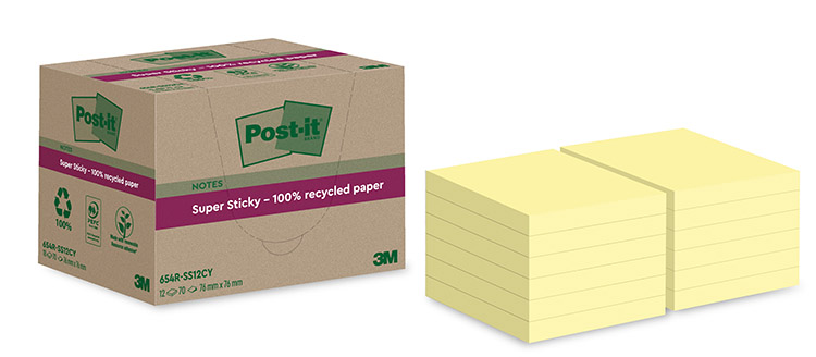 Viestilappu Post-it Super Sticky Eco 76x76mm keltain 12 kpl