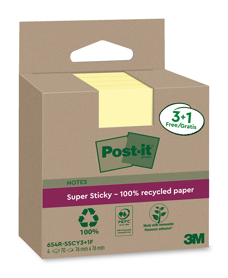 Viestilappu Post-it Super Sticky Eco 76x76mm keltain 4 kpl