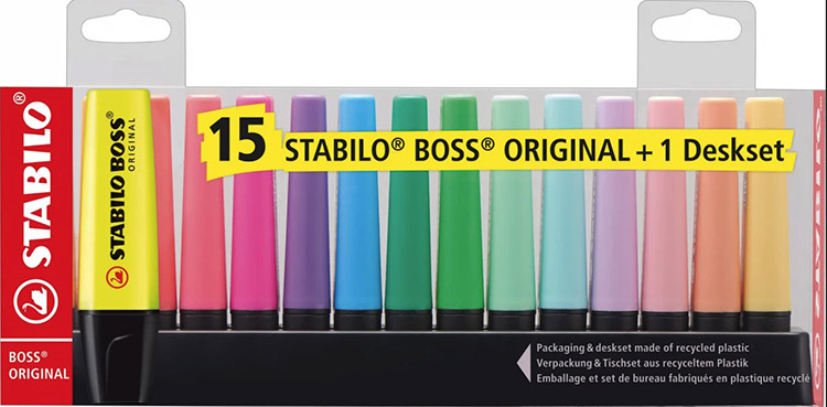 Korostuskynä Stabilo Boss Original värilaj/15 + pöytäteline