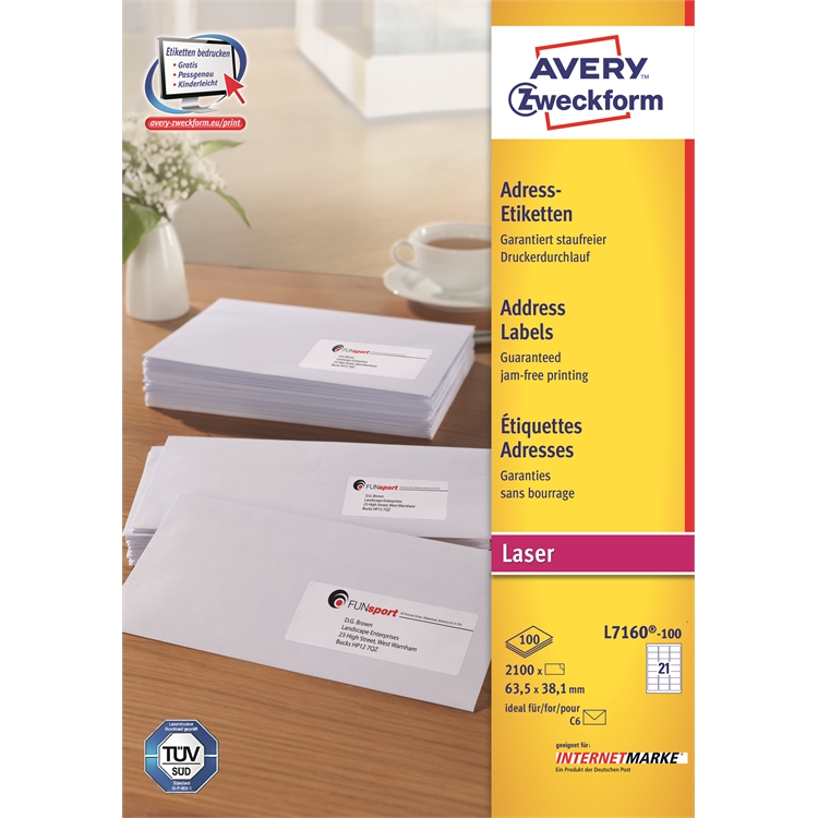 Osoitetarra laser Avery L7160-100 63,5 x 38,1 mm /2100