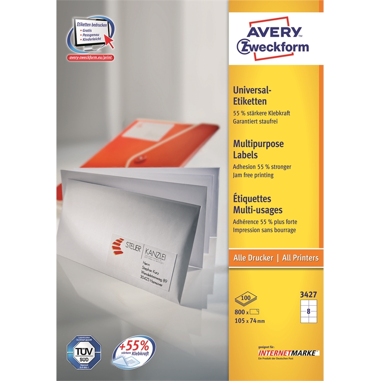 Monikäyttötarra Avery 3427 105 x 74 mm /800