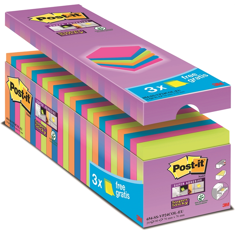Viestilappu Post-it Super Sticky 76x76mm värilaj 24 kpl