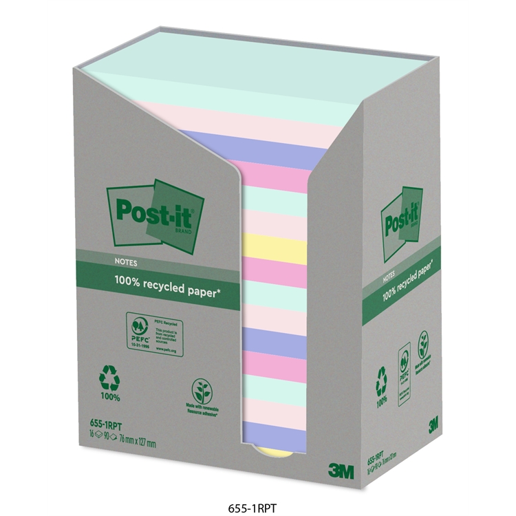 Viestilappu Post-it Recycled 76x127mm pastellivärit 16 kpl