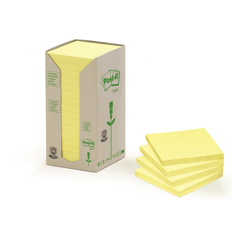 Viestilappu Post-it Recycled 654 76x76mm keltainen 16 kpl