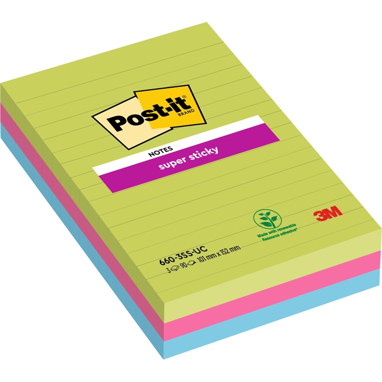 Viestilappu Post-it Super Sticky 101x152mm viivat ultra 3kpl