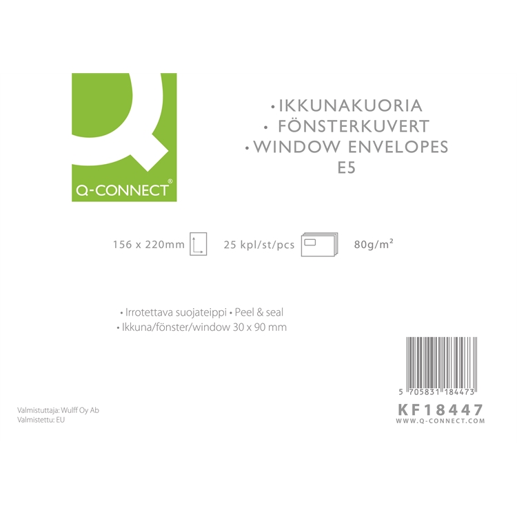 Ikkunakuori Q-CONNECT E5 80G valkoinen 30 x 90 mm /25