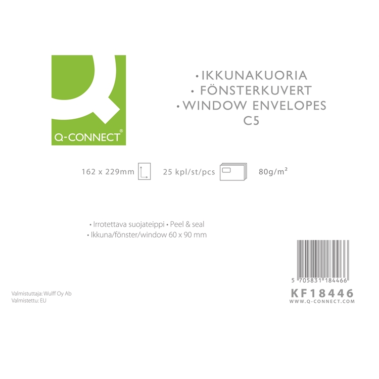 Isoikkunakuori Q-CONNECT C5 80G valkoinen 60 x 90 mm /25