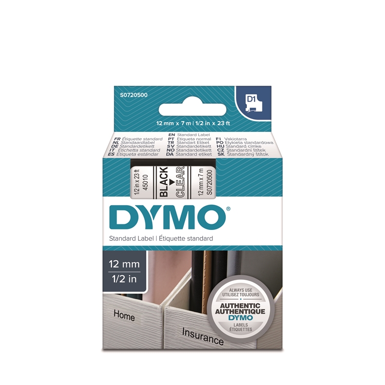 Tarrakasetti DYMO D1 45010 12 mm kirkas/musta
