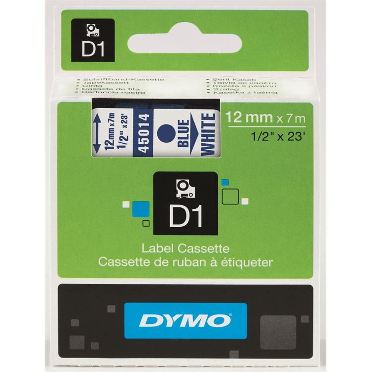 Tarrakasetti DYMO D1 45014 12 mm valkoinen/sininen