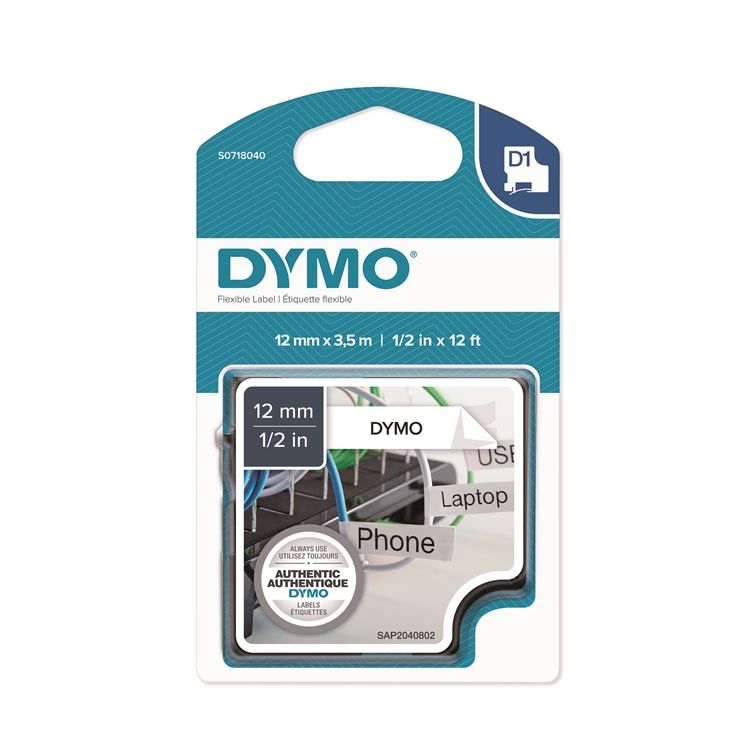 Tarrakasetti DYMO Nylon D1 12 mm valkoinen/musta