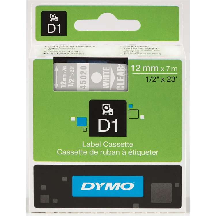 Tarrakasetti DYMO Polyesteri D1 12 mm kirkas/valkoinen