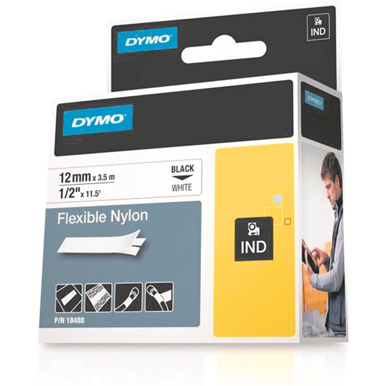 Tarrakasetti DYMO Rhino Nylon 18488 12 mm valkoinen/musta