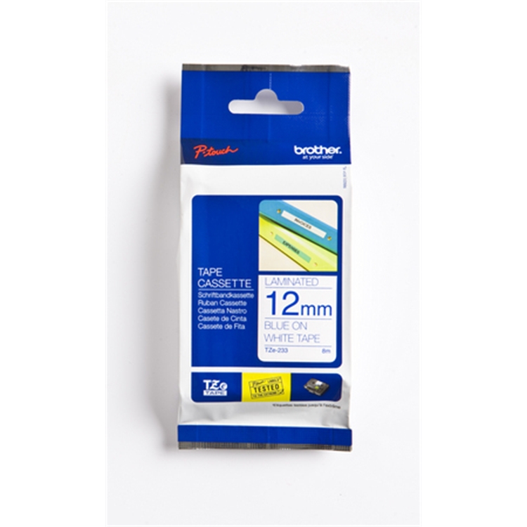 Tarrakasetti Brother TZe233 12 mm valkoinen/sininen