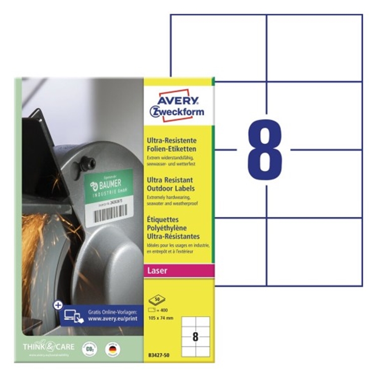 Ultrakestävä tarra Avery B3427-50 105 x 74 mm /400
