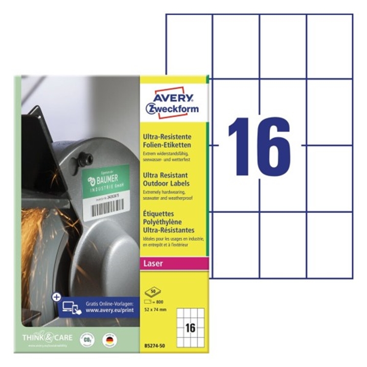 Ultrakestävä tarra Avery B5274-50 52,5 x 74 mm /800