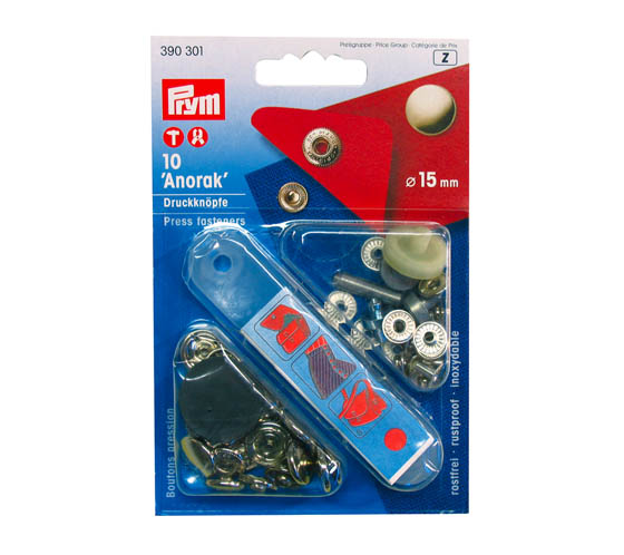 Painoneppari Prym Anorak 15 mm hopea /10 + työkalu