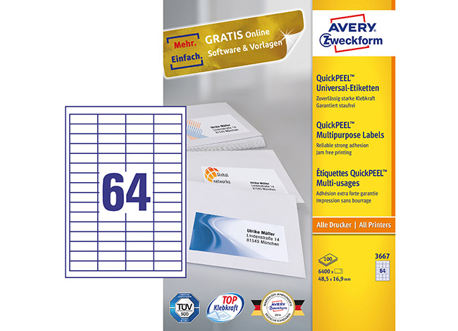 Monikäyttötarra Avery 3667 48,5 x 16,9 mm /6400