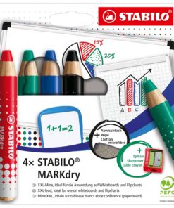 Valkotaulukynä STABILO MARKdry lajitelma, teroitin, liina /4