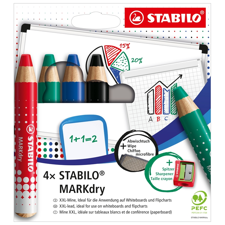 Valkotaulukynä STABILO MARKdry lajitelma, teroitin, liina /4