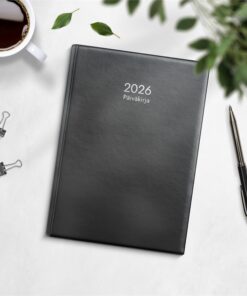 Kalenteri 2026 Päiväkirja musta muovikansi parikierresidottu